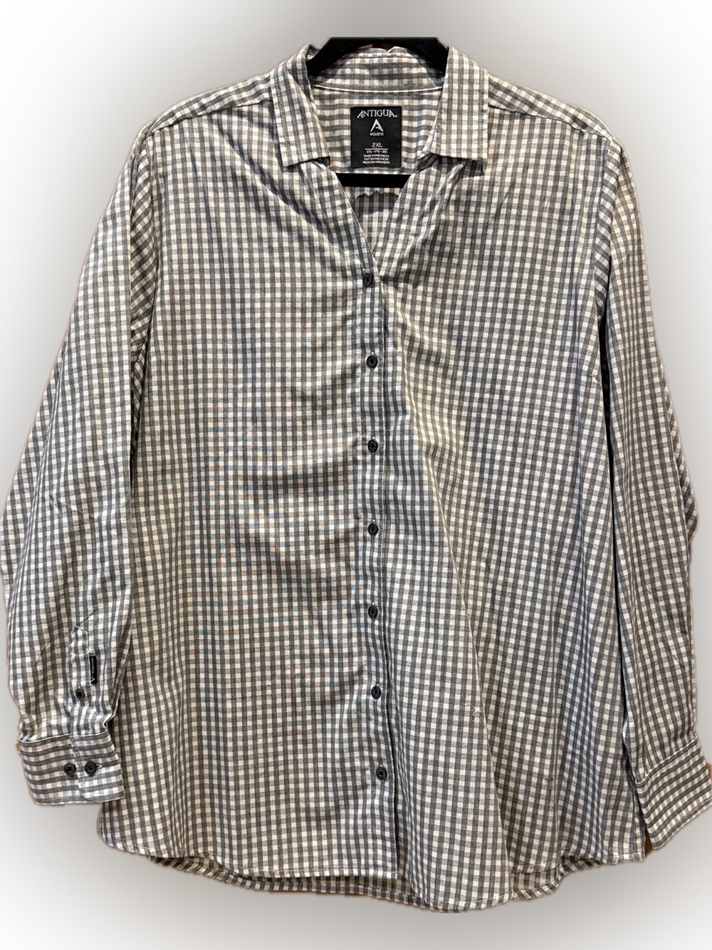 Antigua Womens 2XL Blk/White Gingham Buttondown Blouse Roll Tab Long Sleeve NWOT